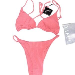 Zaful Triangle Swimsuit Bikini Set Womens S (4) Pink Textured Spaghetti Strap